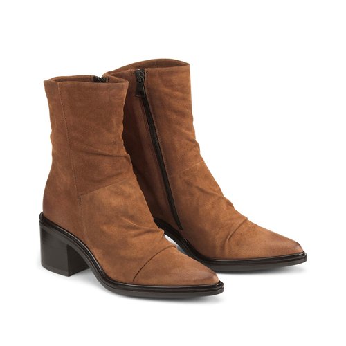 Ruched leather ankle boots with pointed toe tobacco Mjus La Redoute