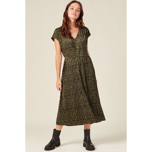 Robe midi evasee plissee satin vert kaki Bonobo La Redoute