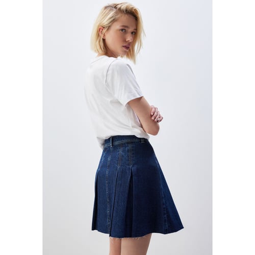 Roskiky Jupe Courte En Jean Moulante Femme - Ourlet Tulipe Plissée Délavée Décontractée - Style Élégant
