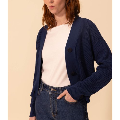 Gilet boutonne en maille anglaise bleu marine Petit Bateau La Redoute