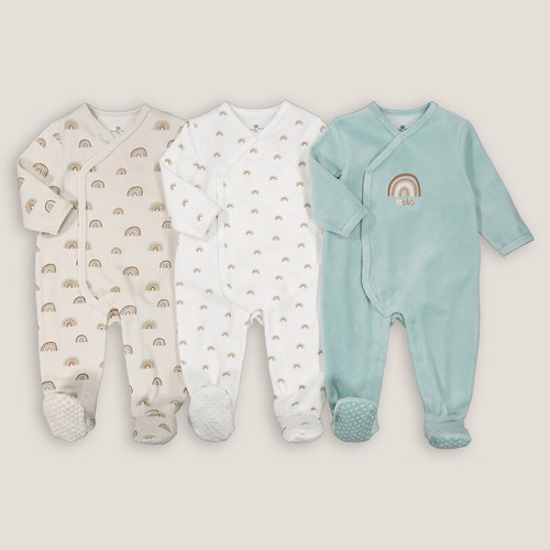 Pack of 3 rainbow sleepsuits in velour white blue beige La Redoute Collections La Redoute