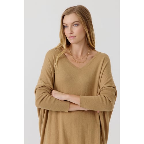 Robe Droite Beige Ocre Manches Longues Col V Made In Italy - Taille Unique