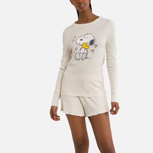 Ribbed cotton short pyjamas with long sleeves beige Snoopy La Redoute