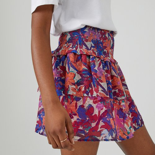 Floral tiered mini skirt with smocked waistband multi coloured floral print La Redoute Collections La Redoute
