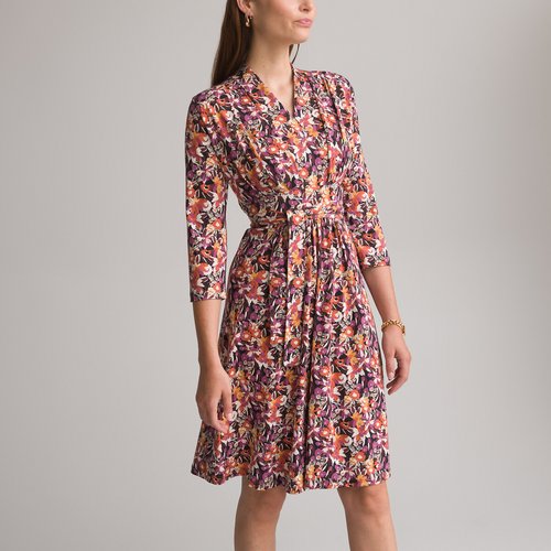 Floral knee length dress with 3 4 length sleeves purple floral print Anne Weyburn La Redoute