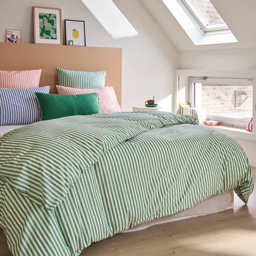 Litanika Set Copripiumino Queen Size Oversize - 3 Pezzi, Leggero, Verde E Bianco, Strisce Color Block - 3