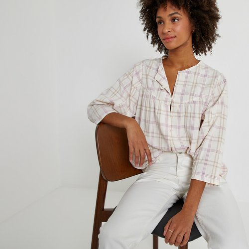 Checked cotton mix blouse with crew neck pink checks La Redoute Collections La Redoute
