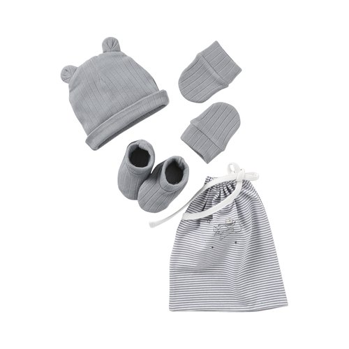 Ensemble naissance en maille cotelee bonnet moufles chaussons pochon bleu grise Vertbaudet La Redoute