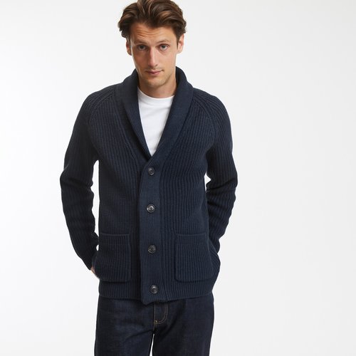 Shawl collar cardigan in chunky knit navy blue La Redoute Collections La Redoute
