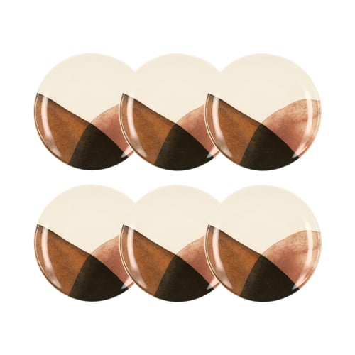 Lot De 6 Assiettes à Dessert Florali 19.5cm Grès Décor Noir - Vaisselle Style Campagne Chic NOVASTYL