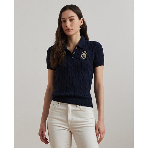 Cable knit short sleeve polo collar jumper, navy, Lauren Ralph
