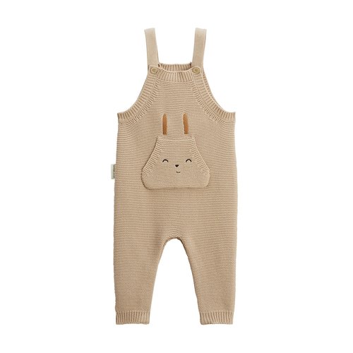 Salopette Bébé Tricot Hello Baby – 100% Coton Doux – Poche Kangourou Avec Oreilles – Coloris Sable