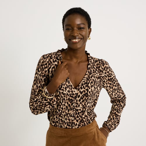Blouse Femme Manches Longues Imprimé Léopard - Col V, Manches Lanternes - 100% Polyester Fluide - Style Décontracté élégant
