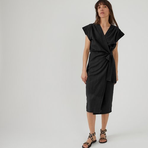Wrapover midi shift dress in cotton linen La Redoute Collections La Redoute