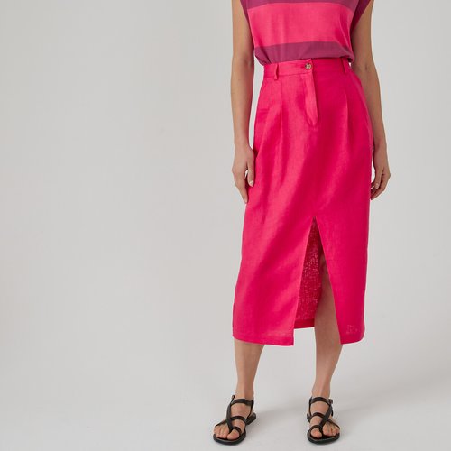Jupe crayon en lin longueur midi La Redoute Collections rose fuchsia La Redoute