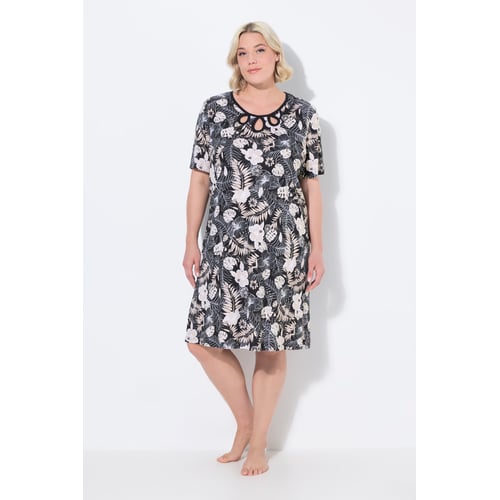 Chemise De Nuit Longue Femme Ulla Popken – Coton 100% – Col V – Manches 3/4 – Confort Grandes Tailles