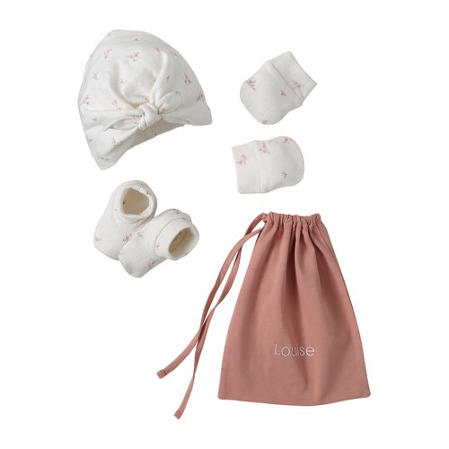Ensemble naissance bonnet moufles chaussons pochon rose Vertbaudet La Redoute