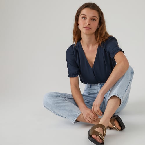 Haut Femme En Mousseline De Soie - Manches Courtes Col V Avec Nœud - Pour Le Travail Ou Casual - Neuf Avec étiquettes