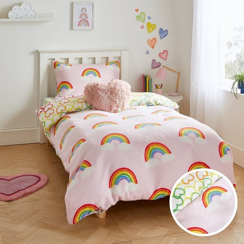 Rainbow hearts fleece kids duvet cover and pillowcase set pink Catherine Lansfield La Redoute