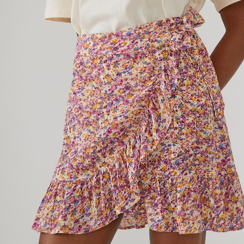 Mini jupe portefeuille volantee La Redoute Collections imprime fleur jaune La Redoute