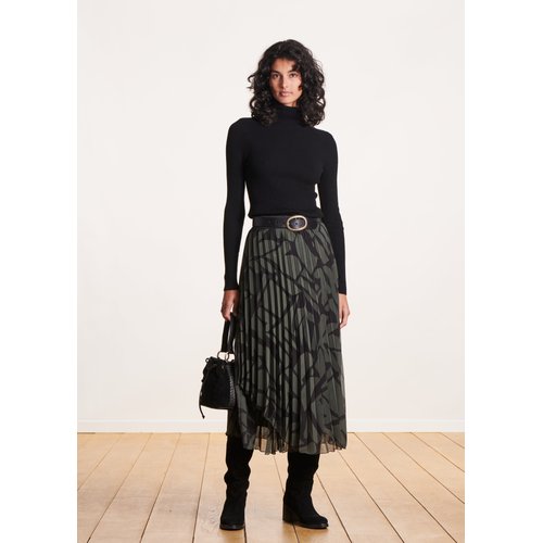 Jupe mi longue plissee en voile imprime kaki noir La Fee Maraboutee La Redoute