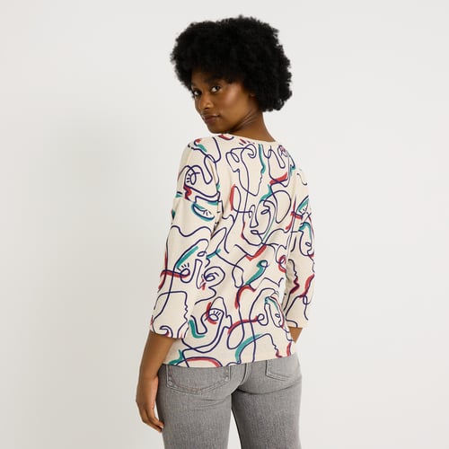 Haut Manches Longues Beige Bleu Blanc Rouge - Taille 40 (FR) - Viscose - Occasion Très Bon État
