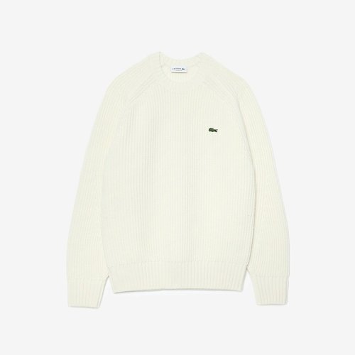 Ribbed crew neck jumper sweater in heavyweight carded wool ecru Lacoste La Redoute