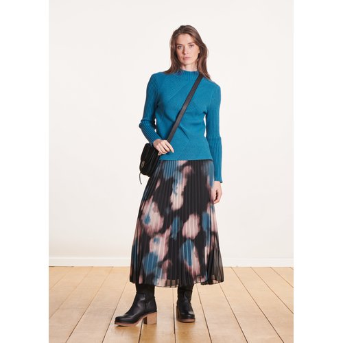 Jupe midi plissee en voile imprime tie dye bleu noir La Fee Maraboutee La Redoute