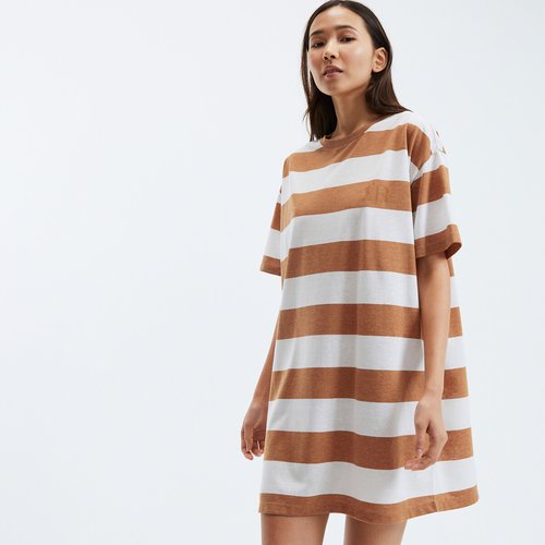 Chemise de nuit rayee manches courtes raye caramel La Redoute Collections La Redoute