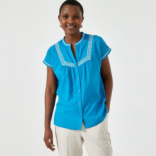 Blouse brodee col rond manches courtes bleu bahamas Anne Weyburn La Redoute