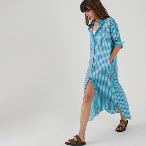 Robe chemise maxi longue en voile de coton raye turquoise La Redoute Collections La Redoute