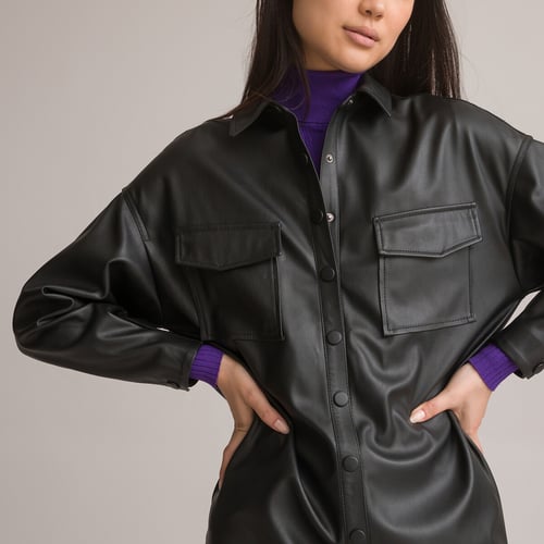 Robe Chemise En Simili-cuir Noir Et Blanc - Taille Unique, Longueur Midi, Style Classe, Neuf Avec étiquette