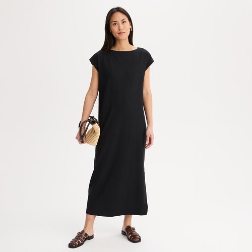 linen midi dresses with sleeves Citrine Linen Bow Front Midi Dress