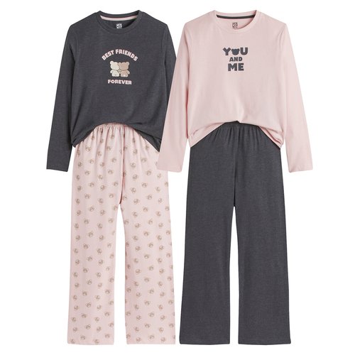 Pack of 2 pyjamas in cotton bear slogan print pink grey marl La Redoute Collections La Redoute