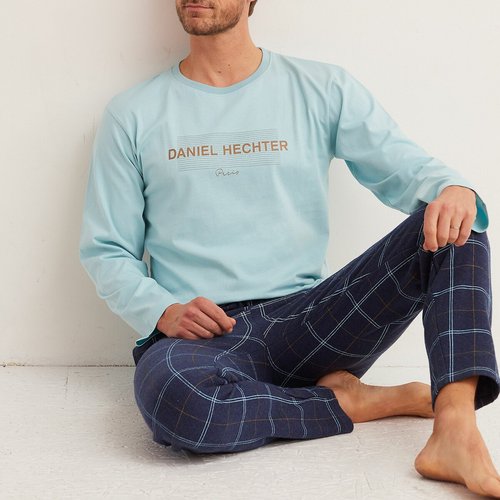 Pyjama long avec logo et pantalon a carreaux bleu carreaux Daniel Hechter Lingerie La Redoute