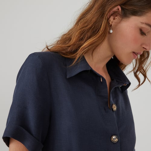 Robe Chemise Imitation Soie Marine - Taille M (38/40), Boutonnée, Neuve Avec étiquettes