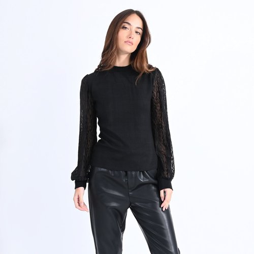 Crew neck jumper with animal print voile sleeves black Molly Bracken La Redoute