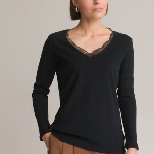 Cotton Long Sleeve T Shirt with Lace V Neck