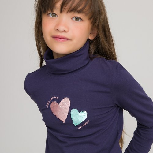 Camiseta de cuello alto con lentejuelas magicas algodon organico azul marino La Redoute Collections La Redoute
