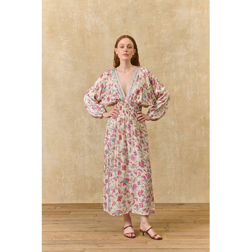 Sofia floral print maxi dress with long sleeves, ecru/pink, Louise