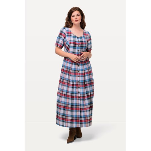 Robe a carreaux en lin melange. col rond marine Ulla Popken La Redoute