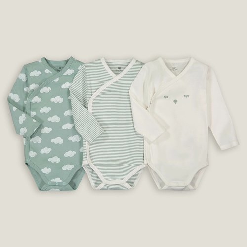 Lot de 3 bodies naissance a manches longues La Redoute Collections ecru raye vert La Redoute