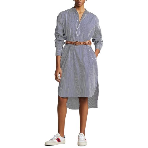 Mid Length Shift Dress in Striped Cotton with Long Sleeves