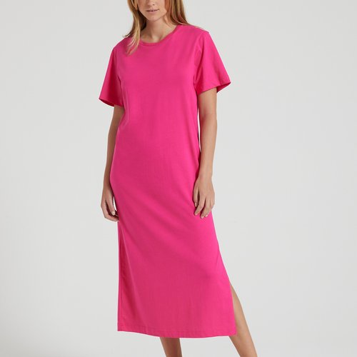 Midaxi t shirt dress with crew neck and short sleeves fuchsia pink La Redoute Collections La Redoute