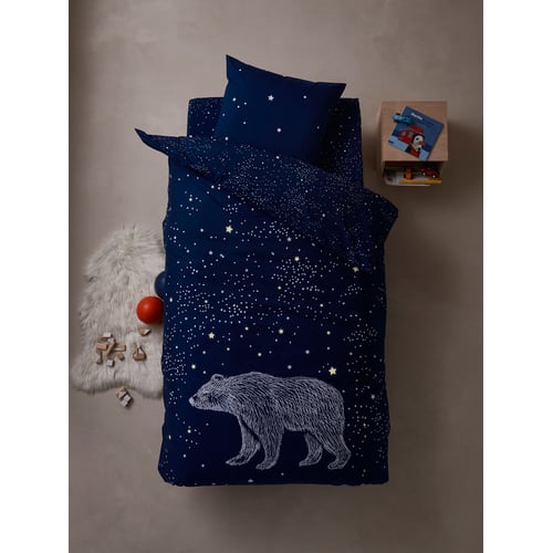Vertbaudet Drap-Housse Enfant Ours Polaire – Bleu Foncé – 90x140 Cm – Imprimé Étoiles Magique – Coton Oeko-Tex