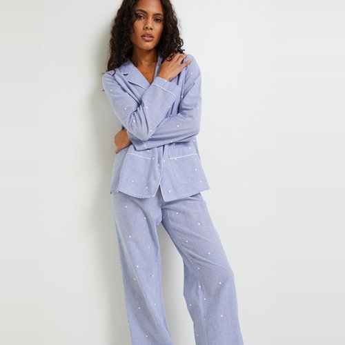 Pyjama long a rayures et pois brodes en coton BIO