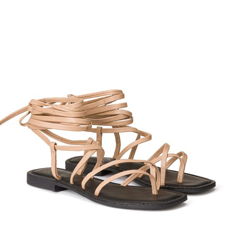 Sandalen in leer met teenstuk enkel vetersluiting karamel La Redoute Collections La Redoute