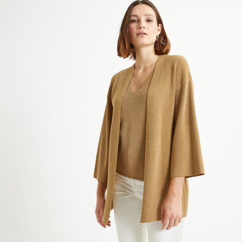Long open cardigan in fine knit sparkly beige Anne Weyburn La Redoute