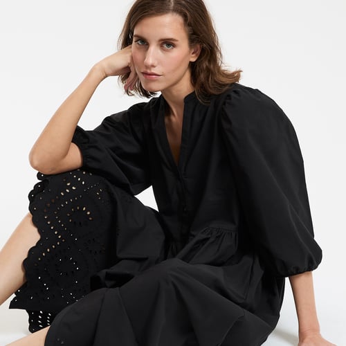 Robe Noire Brodée 3 Suisses En Dentelle Et Coton - Taille 42, Longueur 93 Cm - Occasion Comme Neuve