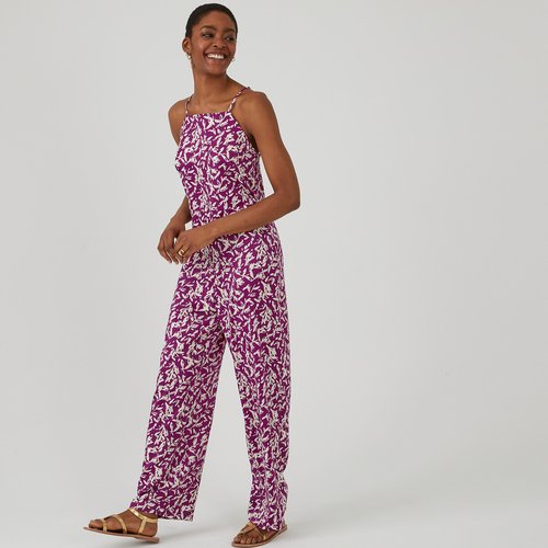 Combinaison pantalon satinee a fines bretelles imprime fond violet La Redoute Collections La Redoute